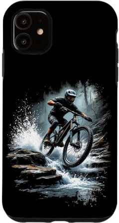 Hülle für iPhone 11 Dynamischer Mountainbiker, der über Felsen springt