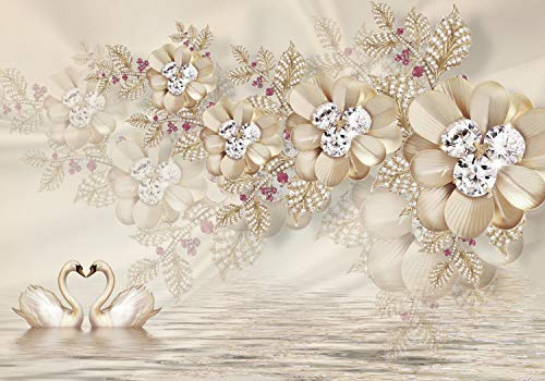 wandmotiv24 Fototapete Blumen Gold, XL 350 x 245 cm - 7 Teile, Wanddeko, Wandbild, Wandtapete, Edel, Edelsteine, Wasser M1827