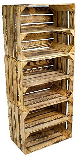 Kistenbaron 3er Set Schuhregal Bücherregal Weinkiste Obstkiste als Regal - Geflammt - Holzkiste Dekokiste (50 x 40 x 30 cm)