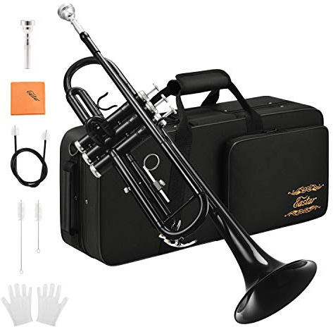 Eastar Bb Trumpet Standard Trumpet Set for Student Beginner with Hard Case, Cleaning Kit, 7C Mouthpiece and Gloves, Brass Bb Trumpet Instrument, Black, ETR-380B