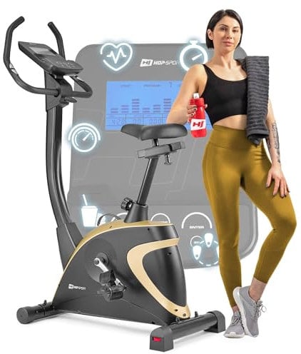 Hop-Sport Heimtrainer Fahrrad Host Ergometer mit App-Steuerung, 12 Trainingsprogrammen & 16 computergesteuerten Widerstandsstufen, Pulsmessung - leises Fitnessbike mit Flaschenhalter für Zuhause Gold