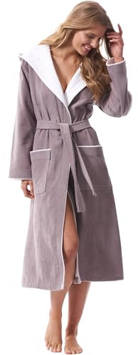 Morgenstern Bademantel Damen Kapuze 100% Baumwolle in Taupe Haus Bademantel lang Dusch Bademantel Velours Größe L Leonie