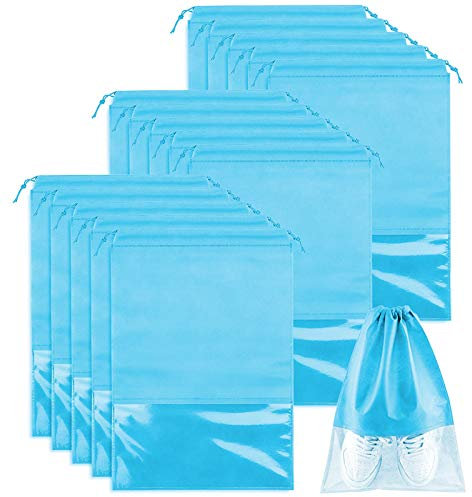 15 PCS Travel Shoe Bag, Large Portable Drawstring Shoes Storage Bags Non-Woven Dust Proof Pouch Space Saving Organizer with Transparent Slot for Men Women Daily and Travel Use (Blue)