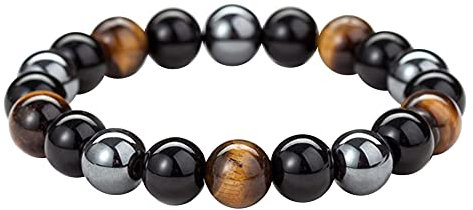 JAWSEU 10mm Natürliches Tigerauge-Armband, Dreifach Schutz Armband, Einstellbarer Gewichtsverlust Schwarzer Stein Magnettherapie Armband, bringt Glück und Wohlstand Unisex