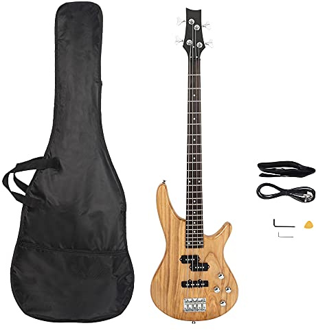 Bonnlo Electric Bass Guitar 4-String for Beginner Right Hand with Shoulder Strap, Wrench Tool, Power Line and Bag (Natural Wood)