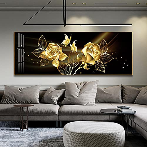 SXKJ Schwarz Golden Rose Blume Schmetterling Abstrakte Wandkunst Leinwand Malerei Poster Drucken Horizonta Bild für Wohnzimmer Schlafzimmer Dekor 50x150cm Rahmenlos
