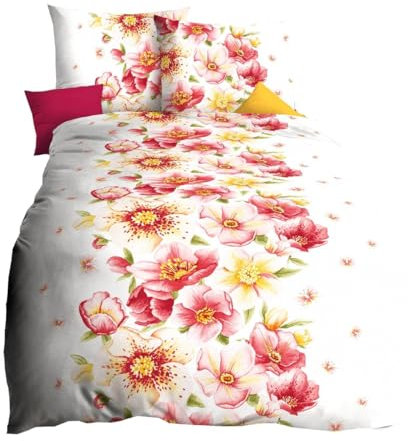 Kaeppel Edel Seersucker 2 TLG. Bettwäsche Tiffany Rot Rosé Grün Orange Weiß Blüten, Größe:155x220cm Bettwäsche
