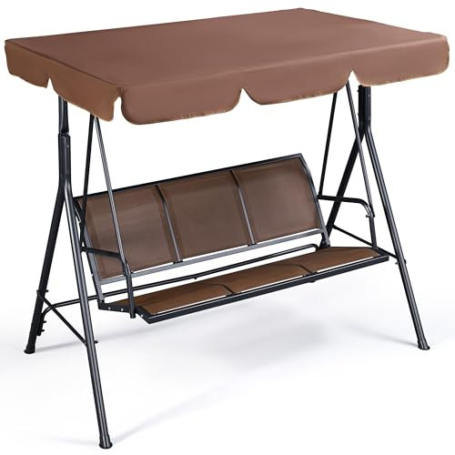 Yaheetech Porch Swing Chair 3-Seat Outdoor Patio Sunset Hanging Swing w/Texteline Fabric & Adjustable Canopy & Armrests, Canopy Lounge Chair for Backyard/Garden/Balcony, Dark Brown