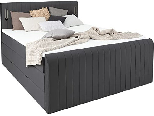 wonello Boxspringbett 180x200 mit Bettkasten und LED Beleuchtung - gemütliches Bett mit LED Beleuchtung - Stauraumbett 180 x 200 cm grau anthrazit mit Matratze und Topper Samt-Stoff