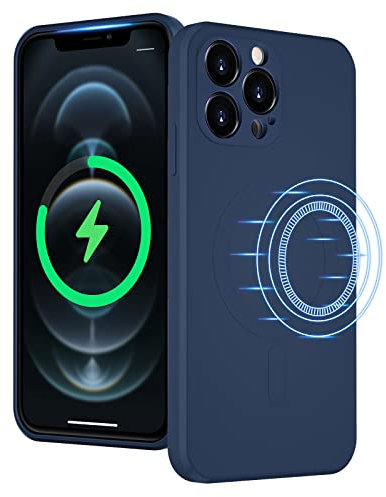 UEEBAI Silicone Liquide Coque Magnétique pour iPhone 12 Pro Max 6.7 inch, Housse de Protection Anti-Choc Etui avec Doublure en Fibre Ultrafine Case Ultra Léger et Mince avec MagSafing - Bleu Marine