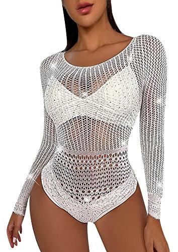 Damen Nachthemd Sexy Body Sheer Dessous Transparent Negligee Mesh Glitzer Babydoll Langarm/Kurzarm Bodysuit Bluse Tops Hollow Out Chemise Fischernetzt One Size Nachtwäsche