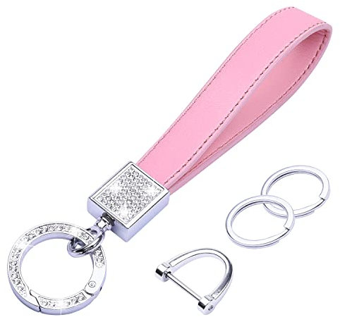 Wisdompro Schlüsselanhänger Auto Strass, Schlüsselanhänger Leder mit 1 D-Ring, 1 Schraubendreher, 2 Schlüsselring, Keychain für Männer/Frauen sind Geschenke für Familie, Freunde (Rosa)