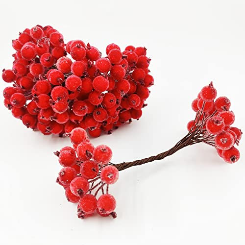 200 pezzi di bacche rosse decorative natalizie, 12 mm, mini ramo di bacche artificiali, glassate, ghirlande di bacche di Natale, decorazione per Natale, fai da te e decorazioni natalizie