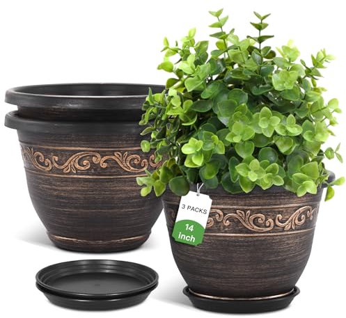Pottiffe 35cm-Plastic-Plant-Flower-Planters Indoor Outdoor, 3 Packs Lightweight Flower Pot With Drainage Hole & Saucer, Retro Antique Imitation Decorative Garden Pots For Houseplants