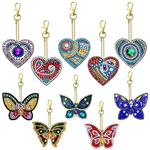YICH Diamond Painting Schlüsselanhänger Diamant Malerei Schlüsselbund 10stk Schmetterling Und Herz Strass 5d Diy Doppelseitige Bohrer Für Stickerei Frauen Mädchen Handtasche Schlüssel Tasche Dekor