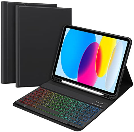 GOKOCO Custodia per iPad decima generazione iPad 2022 Custodia per tablet 10,9 pollici Magnetica staccabile Macaron Tastiera Bluetooth a colori Retroilluminazione a 7 colori (Nero)