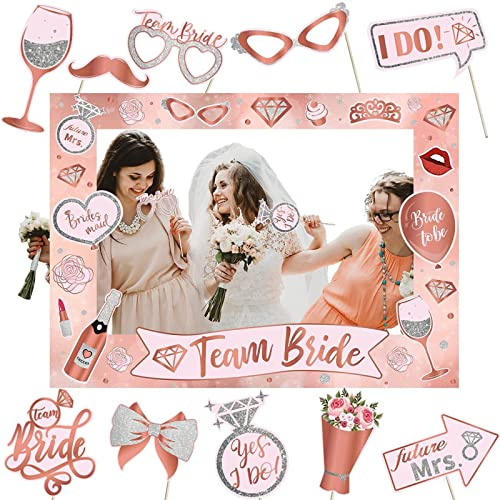 Jc.upin Hen Party Decoration-25Pcs Photo Booth Props, Team Bride and Groom Selfie Props Paper Frame Accessories for Wedding Engagement Bridal Shower Bachelorette Do Games, Rose Gold, white, 48X68CM