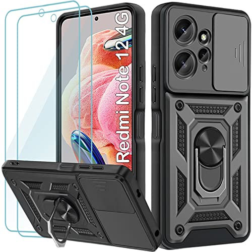 Yohii Handyhülle für Xiaomi Redmi Note 12 4G Hülle mit 2 Stück Schutzfolie, Kameraschutz Case mit 360 Grad Ring Ständer Stoßfest Kratzfest Tough Armor Schutzhülle, Schwarz