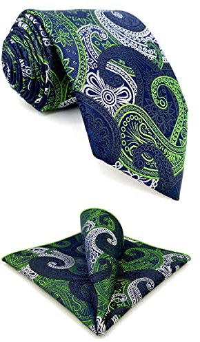 S&W SHLAX&WING Paisley Herren Krawatten Weiß Grün Königsblau Elegantes Krawattenset mit passendem Einstecktuch 147cm