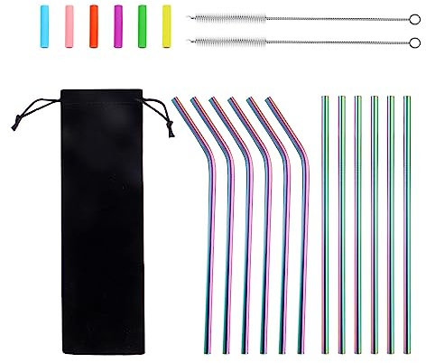 12 Colorful Stainless Steel Straws with 6 Silicone Mouth Covers and 2 Cleaning Brushes, Creative Metal Straws, Portable Reusable Straws for Cocktails, Juice