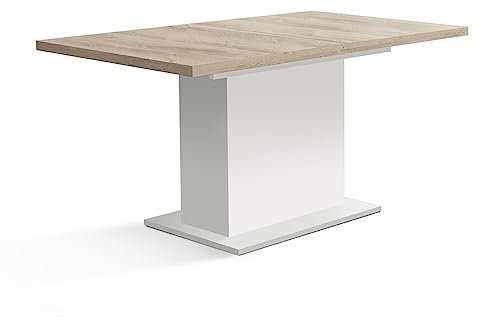 Meubletmoi Esstisch, ausziehbar, 160 bis 200 cm, Weiß matt, mit Platte aus hellem Holz, Landhausstil, Kollektion Leane