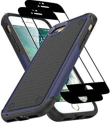 Jeylly for iPhone SE 2022/2020/8/7 Case with 2 X Screen Protector, Heavy Duty Shockproof Phone Case with Non Slip Texture Back Anti Scratch Cover for iPhone SE/8/7 3rd 2nd Gen, Blue