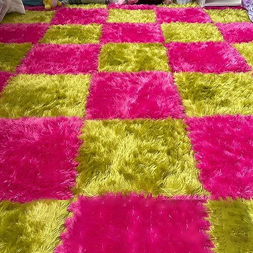 12x12x0,4 Zoll Flauschig Ineinandergreifend Teppichfliesen, Zottelige Plüsch-Puzzle-Schaumstoff-Bodenmatte, Nachttisch-Teppich, rutschfest, 100 Stück(Color:Rosenrot+Grün)