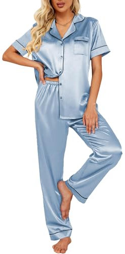 Ekouaer Damen Pyjama Set Schlafanzug Damen Lang Pyjamas Set Zweiteiler Damen Elegant Hausanzug Freizeitanzug,Blau,L