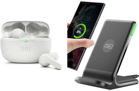 JBL Wave Beam – Kabellose In-Ear Ohrhörer mit IP54 und IPX2 Wasserdichtigkeit – Freisprechfunktion und 32 Stunden Akkulaufzeit – In Weiß & INIU Wireless Charger Stand