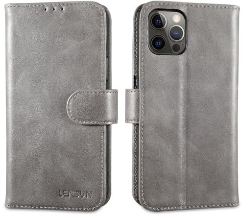 LENSUN Echtleder Hülle für iPhone 12, iPhone 12 Pro Handyhülle [Echtes Leder][Magnetverschluss][RFID] - Vintage Grau