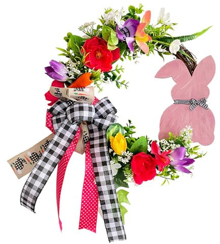 LIGSLN Osterkranz Natur Rattan Kaninchen Blumenkränze Ornament Wand Girlanden Dekoration Frühling Ostern Dekoration
