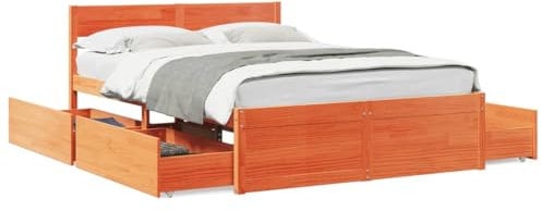 vidaXL Massivholzbett, Holzbett Bett mit Schubladen Kopfteil, Bettgestell Bettrahmen mit Lattenrost, Doppelbett für Schlafzimmer, Wachsbraun 120x200cm Kiefer