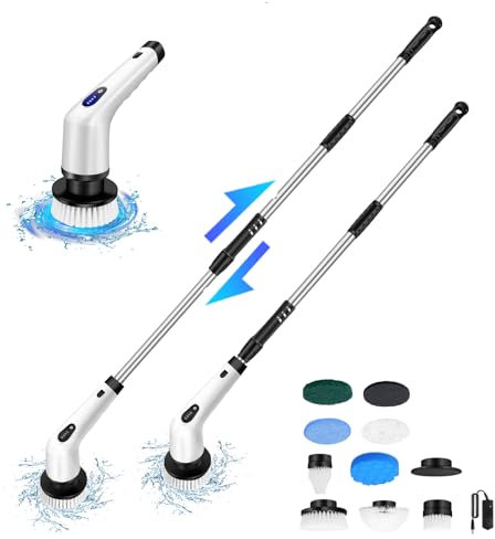 Electric Spin Scrubber Turbo Scrub Cleaning Brush Charging Cordless Handheld Grout Shower Cleaner Bathroom Cleaner with 10 Replacement Brush Heads & Extension Arm or Tile Tub Kitchen Floor Corne