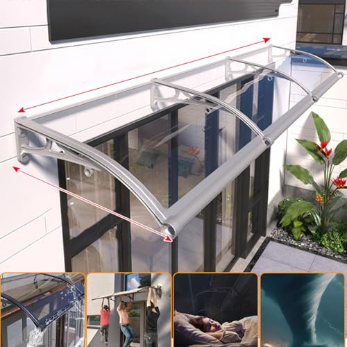 Überdachung Pultvordach mit Regenrinne,Markise Fenster Aluminium Silber Bügel und Transparente Platte Polycarbonat,Pavillion Türvordach Regenschutz Beständiger,Eingangstür (60 x 80 cm)
