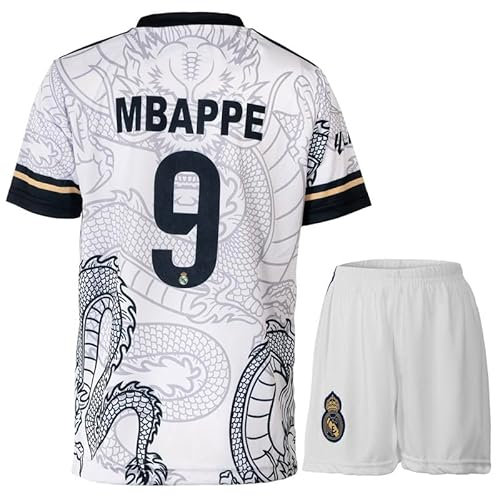 KISRAS R. Madrid Mbappe #10 Retro Weißer Drache Limitierte Sonderedition Seltenes Fußball Kinder Trikot Shorts Set Jugendgrößen (Weiß,152)