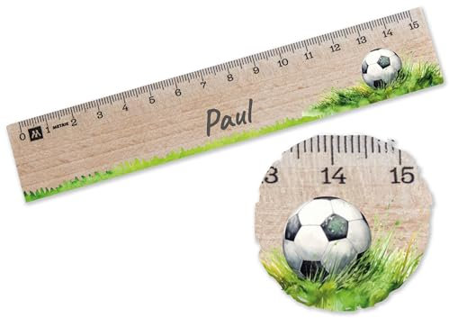 Holz Lineal 15cm - Holzlineal mit Fußball Motiv | Personalisiert mit Namen | Tolles Geschenk zur Einschulung Jungen - 15 cm - Holz - personalisierte geschenke schulanfänger einschulungsgeschenk