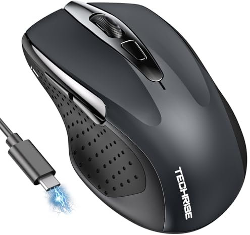 TechRise Bluetooth Mouse, Rechargeable Wireless Mouse (BT5.0/3.0 & 2.4G), 4800DPI Adjustable, 6-Button Silent Computer Mice, USB A Ergonomic Wireless Mouse for Laptop PC Mac, Grey