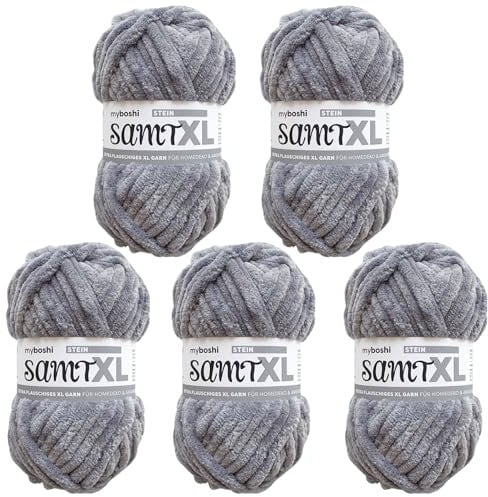 myboshi Samt XL, kuscheliges, extra dickes Chenillegarn, super chunky, zum Häkeln und Stricken, XXL-Knäuel, 100g, Ll 40m, Grau (Stein), 5 Knäuel