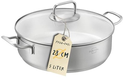 SILBERTHAL Schmorpfanne Unbeschichtet 28 cm hoher Rand - Servierpfanne mit Deckel - Backofengeeignet bis zu 400° - Induktionsgeeignet - 5l