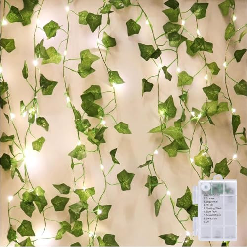 Powice 5M Efeu Lichterkette,Lichterkette Efeu mit 50 LED-Licht Batterie,Efeu Girlande mit Lichterkette,Lichterkette mit Blumengirlande Hängend Pflanzen für Room Balkon Garten Terrasse