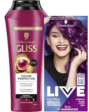 Schwarzkopf LIVE Ultra Brights Semi-Permanente Haarfarbe 094 Purple Punk (142 ml) intensive oder pastellige Farben & GLISS Shampoo Colour Perfector (250 ml) Color Shampoo