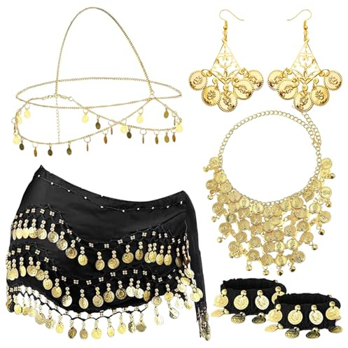Bauchtanz Accessoires Damen, 7 Sets Bauchtanz Kostüm Damen, Bauchtanz Hüfttuch mit Goldmünzen Ohrringe, Halskette, Armbänder und Kopfschmuck, Bauchtänzerin, Bauchtanz Kostüm für Carnival, Mottoparty