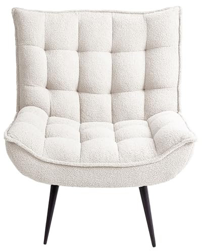 Beliani Fauteuil Moderne en Bouclé Capitonné sans Accoudoirs Pieds en Fer Noir Blanc Alvesta