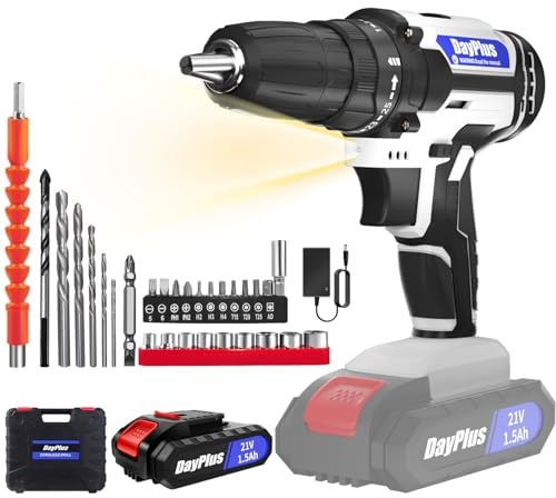 21V Akkuschrauber Set, Akku bohrschrauber mit 1.5Ah Akkus, 45N.m Max Akku Bohrmaschine, Drehmoment 25+1, LED-Licht und 2 variablen Geschwindigkeiten Akkubohrer 29pcs Zubehör für Haus, DIY Arbeit(Weiß)