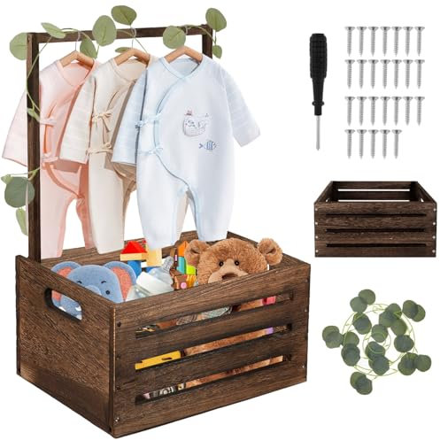 Babykorb mit Griff, Kleiderbügel Baby und Aufbewahrungsbox, Schrank für Babys, Puppen und Haustiere, Babypartybox, Hölzerne Wäschereikorb, Holzbabypartygeschenk für Kinder (Retro Farbe)