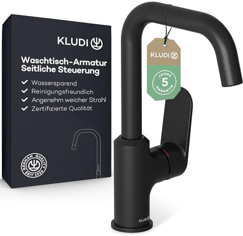 KLUDI - X1 Robinet de lavabo pivotant à 360°, hauteur du bec 205 mm, robinet de salle de bain économiseur d'eau noir mat taille L, cartouche en céramique, mitigeur lavabo avec tuyaux de raccordement