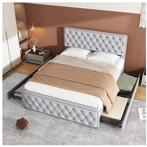 Lit rembourré 140 * 190cm, lit Double Avec Quatre tiroirs, tête de lit réglable en Hauteur, tirettes et Rivets à la tête et aux Pieds, sommier à Lattes en Bois, lin,Gris Clair