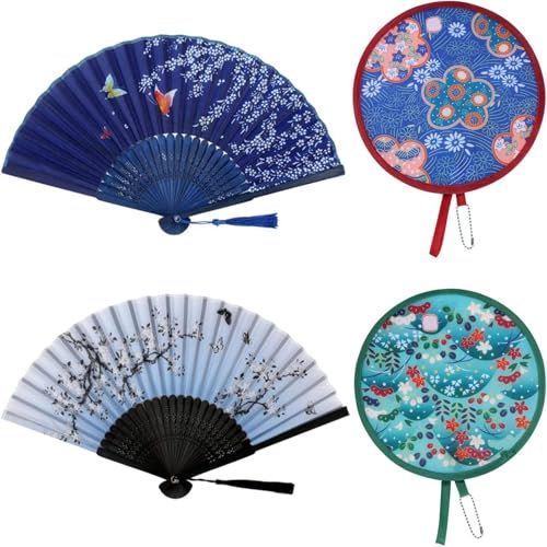 KSVFTB 4-Piece Folding Fan Set, Traditional Chinese Handheld Fans with Bamboo Frame, Elegant Paper Fans for Weddings Performances Summer Cooling Home Decor