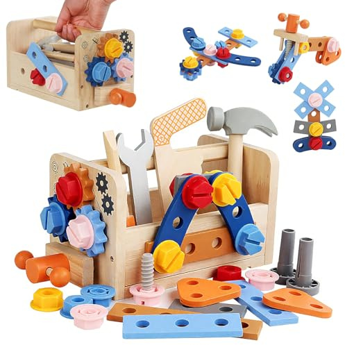 Aevorant Werkzeugkoffer Kinder Werkbank, Kinderwerkzeug Holzspielzeug Geschenk, Werkzeug Motorik Lernspiele, Holzspielzeug Spielzeug für 3 4 5 Jahre