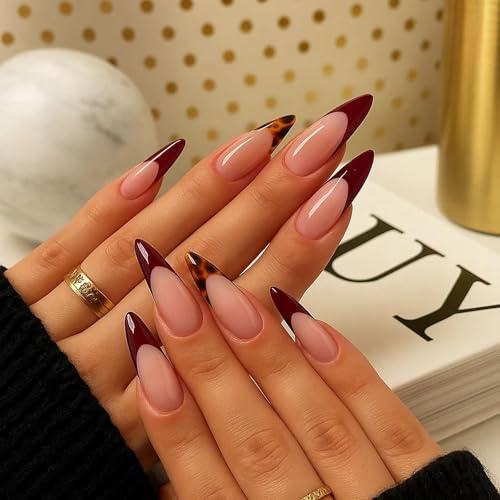 24Pcs Long Stiletto Nail Tips with Glossy Burgundy Tortoiseshell Design - Short Almond False Nails for Women, Seamless Stick On Artificial with Nude Pink Base, High Shine Press On, Fashion